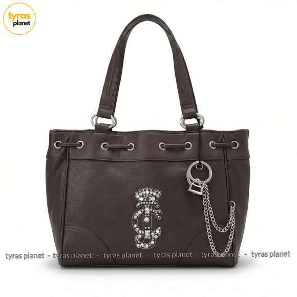 Juicy Couture Handbags - Juicy Couture Chocolate Brown Tote Bag Crystal Crown Logo Bling Shoulder Purse